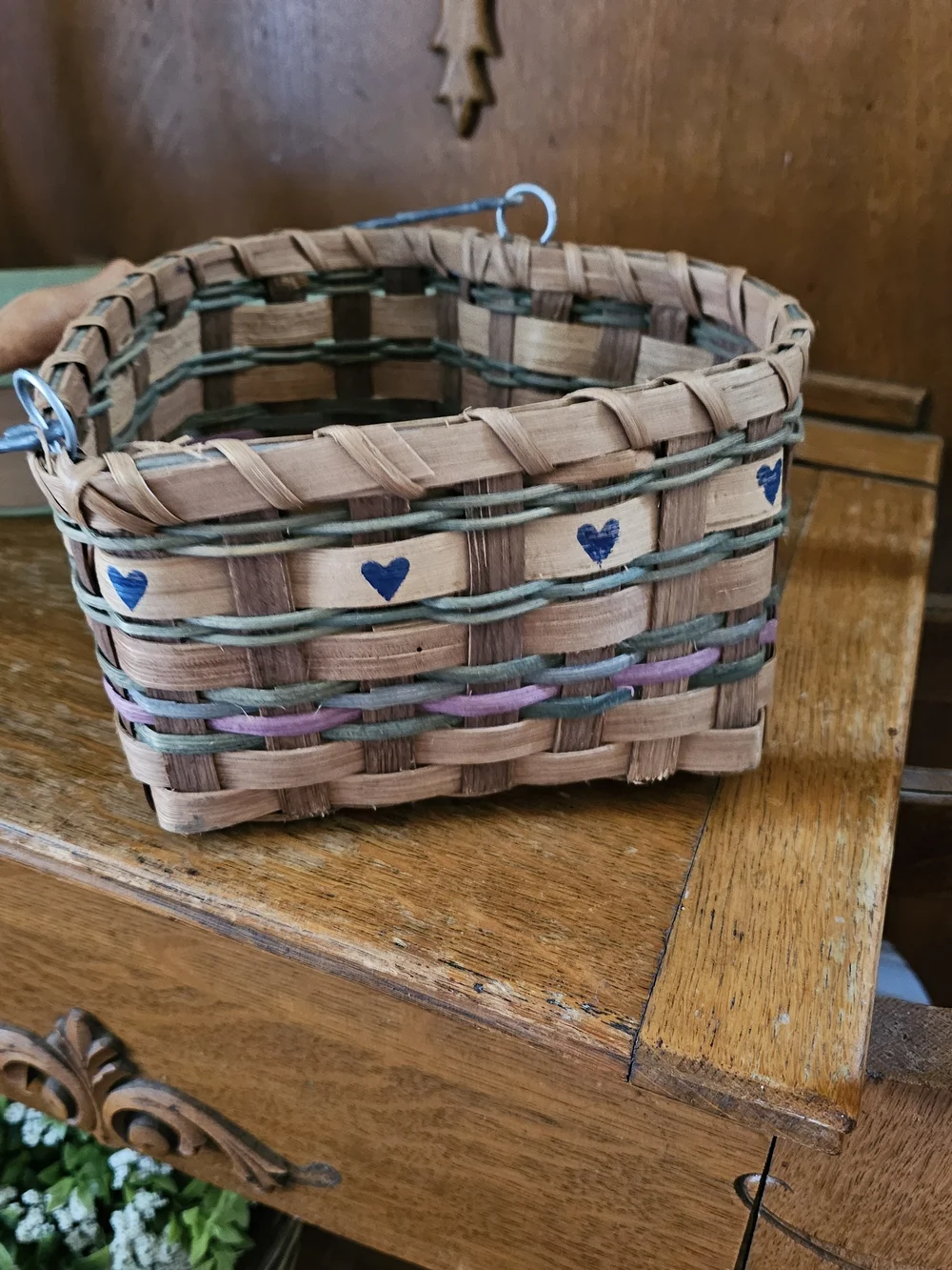 Vintage Folk Art Woven Basket Blue Hearts Wood Handle Cottage Decor